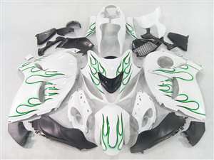 Motorcycle Fairings Kit - 2008-2020 Suzuki GSX1300R Hayabusa White/Green Flames Fairings | NSH0817-18