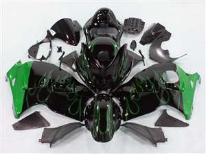 Motorcycle Fairings Kit - 1999-2007 Suzuki GSXR 1300 Hayabusa Green Flame on Black Fairings | NSH9907-116