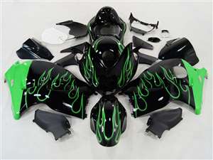 Motorcycle Fairings Kit - 1999-2007 Suzuki GSXR 1300 Hayabusa Green Flame on Black Fairings | NSH9907-127