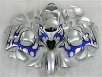 Motorcycle Fairings Kit - 1999-2007 Suzuki GSXR 1300 Hayabusa Blue Tribal on Silver Fairings | NSH9907-68