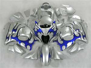 Motorcycle Fairings Kit - 1999-2007 Suzuki GSXR 1300 Hayabusa Blue Tribal on Silver Fairings | NSH9907-68