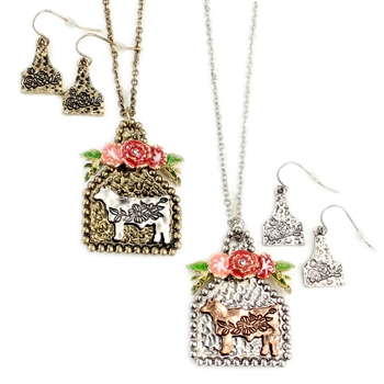 Cow Tag with Enamel Flowers Necklace Set - Gold or Silver - Package (3)