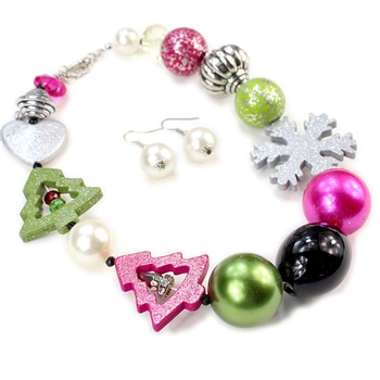Chuncky Christmas Necklace Set - Magenta and Red - Package (3)