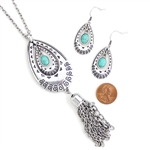 J191 - Metal Turquoise Drops with Metal Tassels - Silver  - Package (3)