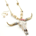 Steer Skull Pendant with Beaded Chain Set - Natural or Patine - Package (3)