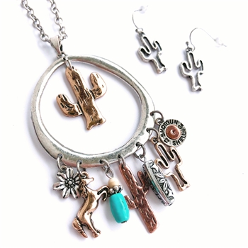 J315 - Long Cactus Western Charm Necklace Set - Patina or Silver- Package (3)