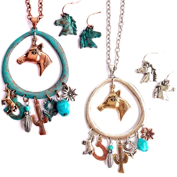 J332 - Long Horse Head Western Charm Necklace Set  - Patina or Silver- Package (3)