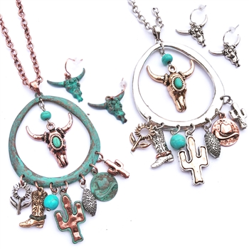 J333 - Long Steer Skull Western Charm Necklace Set - Patina or Silver- Package (3)