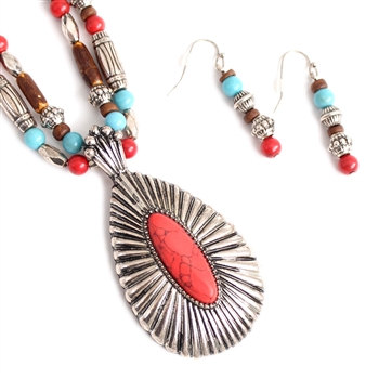 Multi Colored Bead Necklace with Coral Pendant - Package (3)