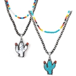 J399-Double Beaded Blossom Cactus Necklace-White or Turquoise-Package (3)