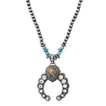 J425-Turquoise and AB Rhinestone Squash Blossom on Navajo Pearl Necklace-Package (3)