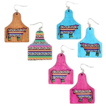 JE017 - Wooden Laser Cut Cow Tag and Serape Earrings - Pink, Turquoise and Brown - Package (3)