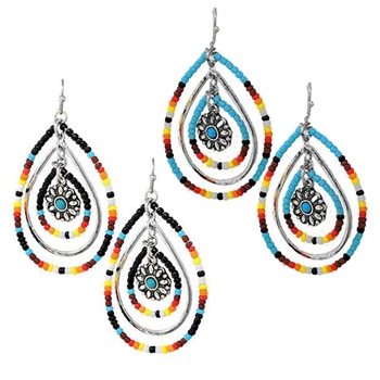 JE408-Concentric Seed Bead Dangles with Flower Charm-Turquoise or Black-Package (3)