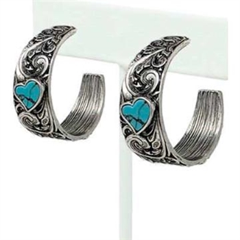 JE441HRT - Wide Tooled Hoops with Heart Inlay - Turquoise - Package (3)