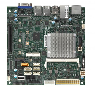 Supermicro A2SAV Motherboard, Mini-ITX, Intel Atom processor E3940 (9W, 4C), Embedded, Intel Goldmont microarchitecture 14nm, System-on-Chip, Up to 8GB 1866MHz DDR3L Non-ECC SO-DIMM in 1 socket, Dual GbE LAN with Intel i210-AT