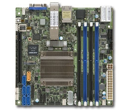 Supermicro X10SDV-12C-TLN4F+ Motherboard Mini-ITX, Intel Xeon processor D-1557, Single socket FCBGA 1667; 12-Core, 24 Threads, 45W, System on Chip, Up to 128GB ECC RDIMM DDR4 2133MHz or 64GB ECC/non-ECC UDIMM in 4 sockets, 2x 10G SFP+ and 2x GbE LAN ports