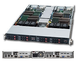 Supermicro 1U  Server SYS-1026TT-IBXF Barebone Dual 1366-pin LGA Sockets Supports up to two Intel 64-bit Xeon processor(s) IPMI 2.0 Intel 82576 Dual-Port GbE 4x Hot-swap 2.5" SATA Drive Bays 1200W Gold-level High-efficiency Power Supply Full Warranty