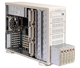 Supermicro Intel 4U SYS-7044A-82R Dual 604-pin FC-mPGA4 Sockets Supports up to two Intel 64-bit Xeon processor Intel 82546GB Dual-port GbE SAS Zero Channel RAID 5 x 3.5" hot-swap Ultra320 SCSI Drive Bays Triple-Redundant 760W power supply Full Warranty