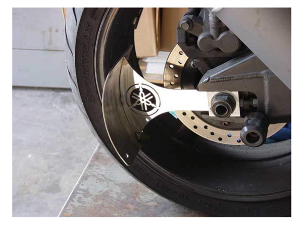2004-2006 Yamaha R1 Polished Stainless Steel Swingarm Tag Bracket - Laser Engraved Tuning Fork Logo - Right Side Mount - Offset
