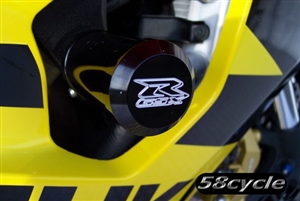 2003-2004 Suzuki GSXR1000 Black Anodized Frame Sliders with Custom GSXR Engraved End Caps