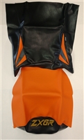 2004 Kawasaki ZX6R 636 Black, Orange, and Silver Vinyl Seat Covers with 5.5x1.5" Gold ZX6R Logo