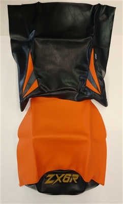 2004 Kawasaki ZX6R 636 Black, Orange, and Silver Vinyl Seat Covers with 5.5x1.5" Gold ZX6R Logo