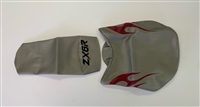 2006 Kawasaki ZX6R 636 Silver and Red Vinyl Seat Covers with Black ZX6R Logo