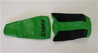 2005 Kawasaki ZX6RR Green and Black Vinyl Seat Covers with Black ZX6RR Logo