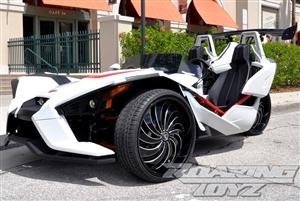 Custom Polaris Slingshot Performance Wheel Tire Package 24 Inch Wheels Style 60.24DB Tires Wide 295 Fat Rear Tire Ultimate traction base sl model 2015 2016 SS Forged Black Machined 24x10 rear 24x9 front 24"