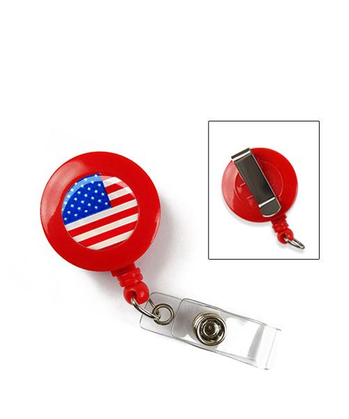 American flag badge reel with vinyl strap and belt clip