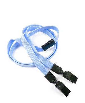 3/8 inch Baby blue double clip lanyards attached breakaway and plastic clip on both ended-blank-LNB324BBBL