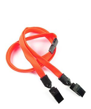 3/8 inch Neon orange double clip lanyards attached breakaway and plastic clip on both ended-blank-LNB324BNOG