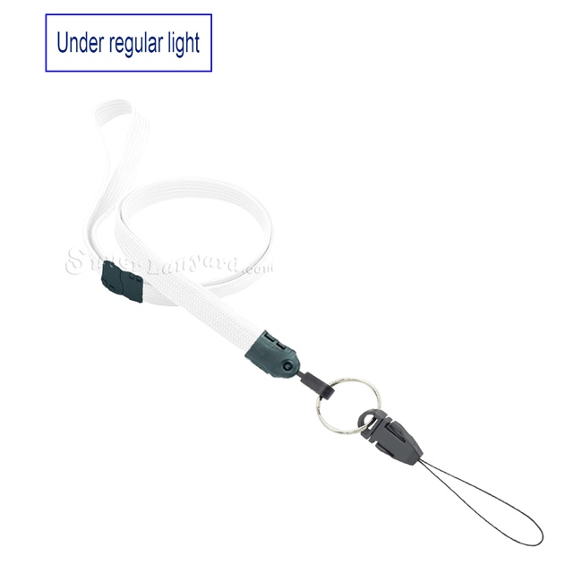 3/8 inch White  blacklight lanyard attached safety breakaway and keyring with quick release strap connector-blank-LNB32DBWHT