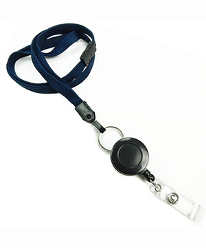 3/8 inch Navy blue breakaway lanyard attached split ring with retractable ID reel-blank-LNB32RBNBL