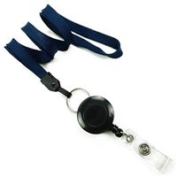 3/8 inch Navy blue badge reel lanyard attached split ring with retractable ID reel-blank-LNB32RNNBL