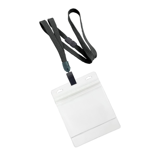 3/8 inch Black Title bar 4x3 holder lanyardwith rotating plastic clip attached clear horizontal 4 x 3 zip-lock title bar badge holder-blank-LNB3H3BBLK