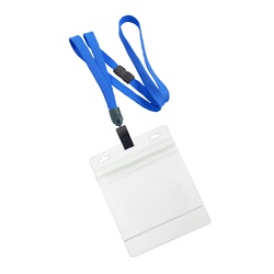 3/8 inch breakaway lanyard-Blue polyester tubular strapwith rotating plastic clip attached clear horizontal 4 x 3 zip-lock title bar badge holder