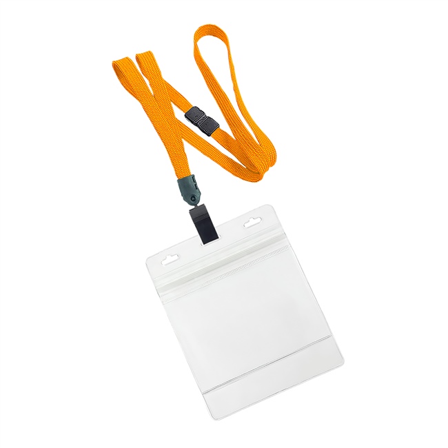 3/8 inch Carrot orange Title bar 4x3 holder lanyardwith rotating plastic clip attached clear horizontal 4 x 3 zip-lock title bar badge holder-blank-LNB3H3BCOG