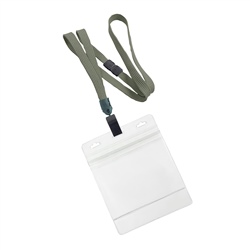 3/8 inch breakaway lanyard-Dark gray polyester tubular strapwith rotating plastic clip attached clear horizontal 4 x 3 zip-lock title bar badge holder