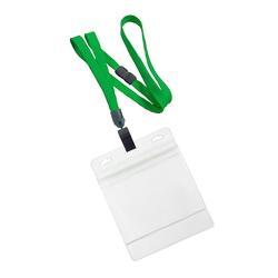 3/8 inch breakaway lanyard-Green polyester tubular strapwith rotating plastic clip attached clear horizontal 4 x 3 zip-lock title bar badge holder
