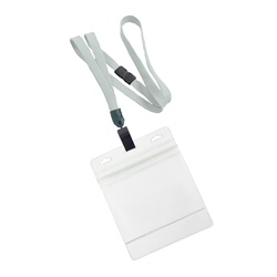 3/8 inch breakaway lanyard-Gray polyester tubular strapwith rotating plastic clip attached clear horizontal 4 x 3 zip-lock title bar badge holder