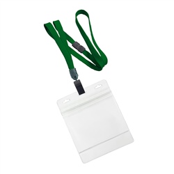3/8 inch breakaway lanyard-Hunter green polyester tubular strapwith rotating plastic clip attached clear horizontal 4 x 3 zip-lock title bar badge holder