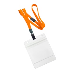 3/8 inch breakaway lanyard-Orange polyester tubular strapwith rotating plastic clip attached clear horizontal 4 x 3 zip-lock title bar badge holder