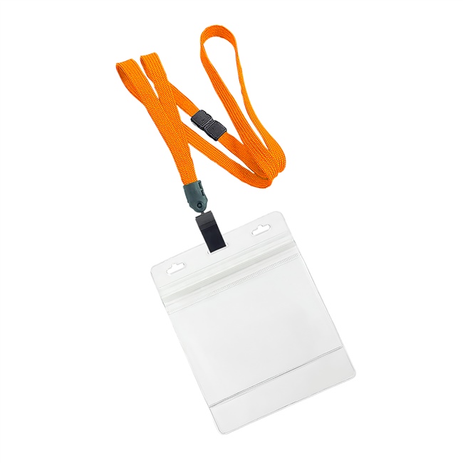 3/8 inch Orange Title bar 4x3 holder lanyardwith rotating plastic clip attached clear horizontal 4 x 3 zip-lock title bar badge holder-blank-LNB3H3BORG