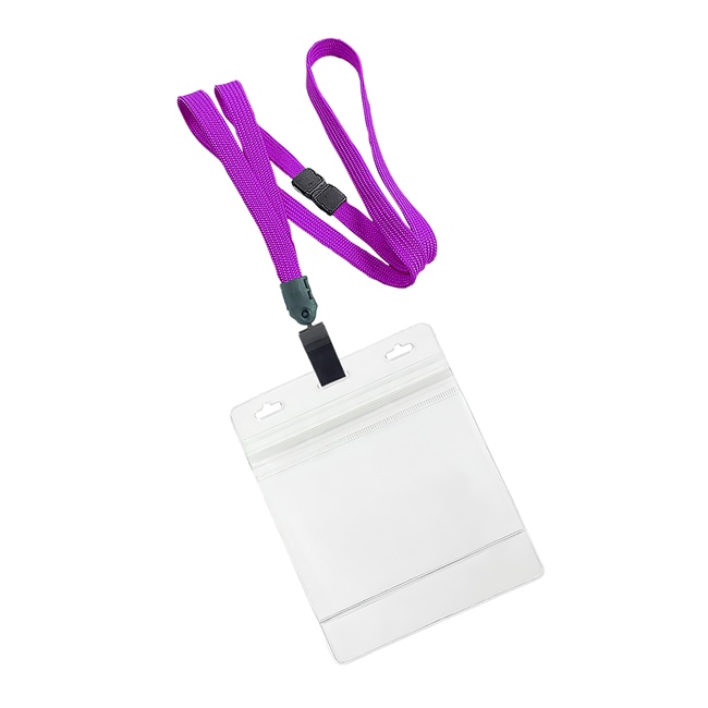3/8 inch Purple Title bar 4x3 holder lanyardwith rotating plastic clip attached clear horizontal 4 x 3 zip-lock title bar badge holder-blank-LNB3H3BPRP