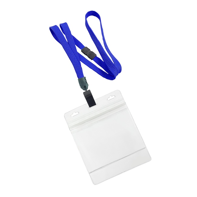 3/8 inch Royalblue Title bar 4x3 holder lanyardwith rotating plastic clip attached clear horizontal 4 x 3 zip-lock title bar badge holder-blank-LNB3H3BRBL