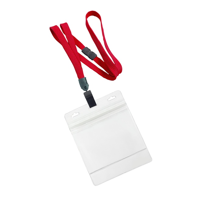 3/8 inch Red Title bar 4x3 holder lanyardwith rotating plastic clip attached clear horizontal 4 x 3 zip-lock title bar badge holder-blank-LNB3H3BRED