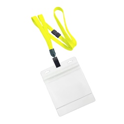 3/8 inch breakaway lanyard-Yellow polyester tubular strapwith rotating plastic clip attached clear horizontal 4 x 3 zip-lock title bar badge holder
