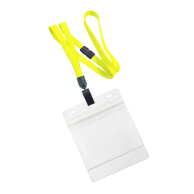 3/8 inch Yellow Title bar 4x3 holder lanyardwith rotating plastic clip attached clear horizontal 4 x 3 zip-lock title bar badge holder-blank-LNB3H3BYLW