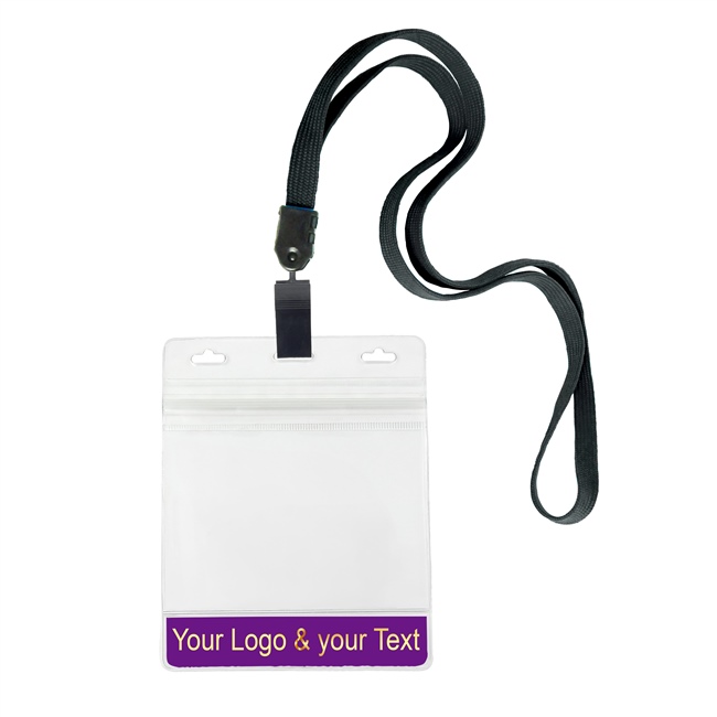 3/8 inch Custom black Title bar 4x3 holder lanyardwith rotating plastic clip attached clear horizontal 4 x 3 zip-lock custom title bar badge holder-blank-LNB3H3NBLK
